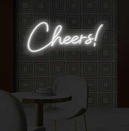 Decorative white LED cheers neon sign glowing on bar wall.