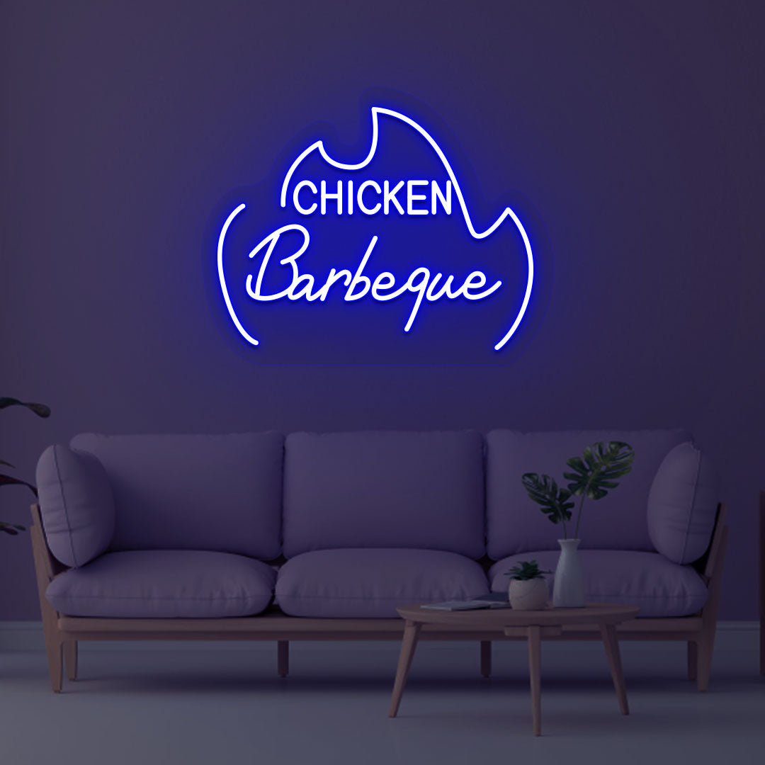 A bright blue LED chicken barbeque neon sign is glowing on the wall.