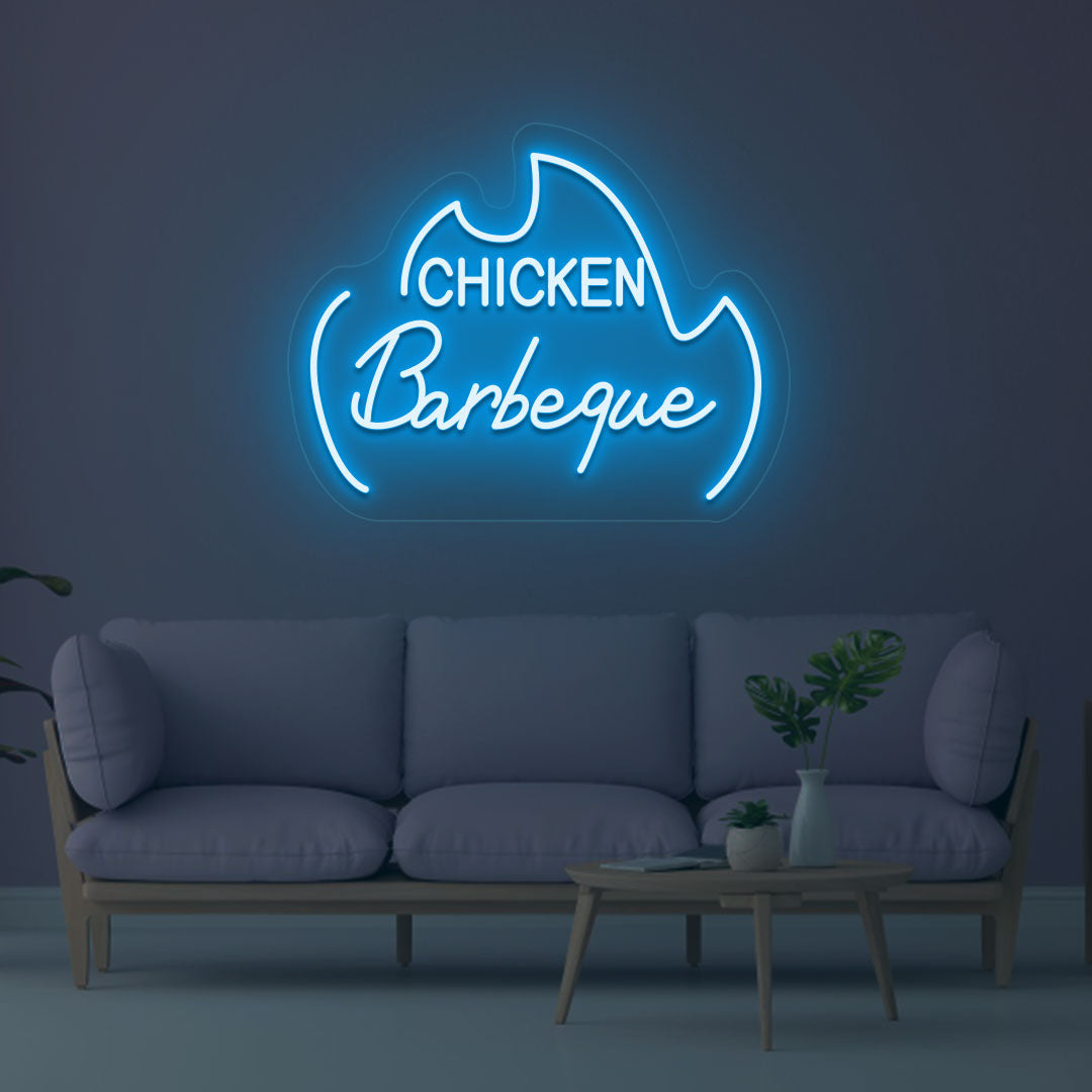 A bright ice blue LED chicken barbeque neon sign is glowing on the wall.