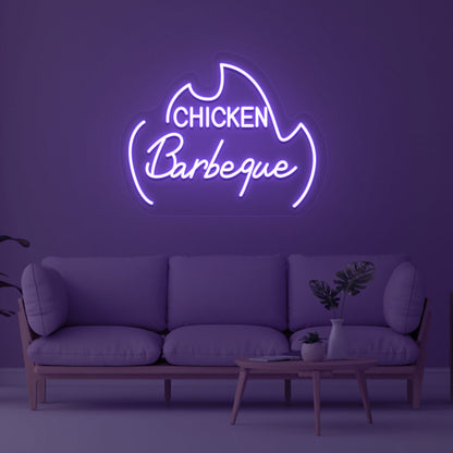 A stylish chicken barbeque purple LED neon sign is hanging on the wall. Perfect for barbeque restaurants, food outlets, and street food shops.