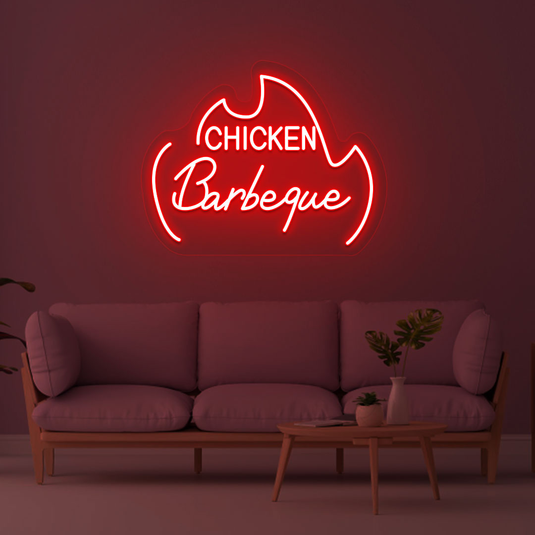 Image of a chicken barbeque neon sign mounted on a wall in red color.