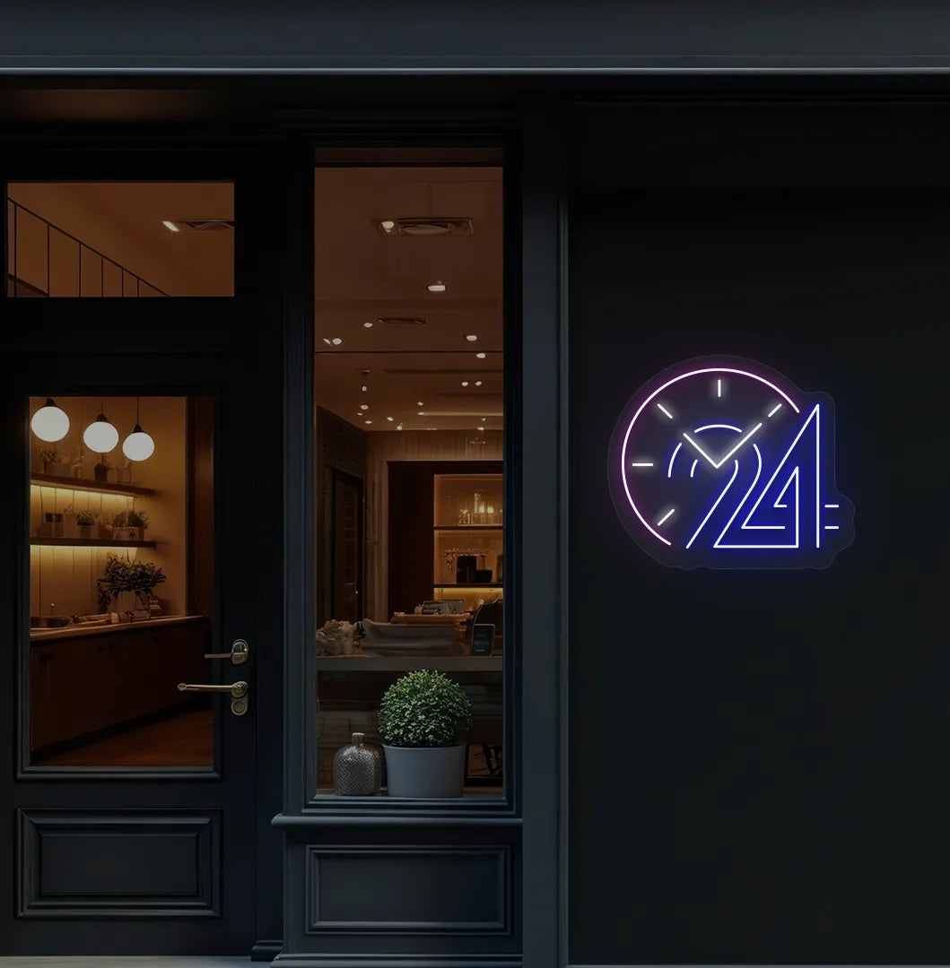 Image of a "clock with 24 hour" neon sign in blue color mounted on storefront wall decor.