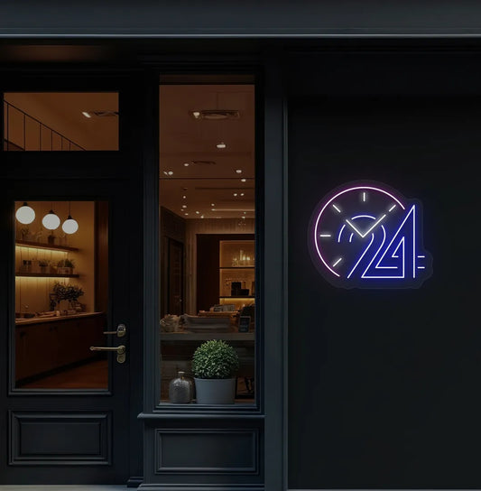 Image of a "clock with 24 hour" neon sign in blue color mounted on storefront wall decor.