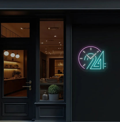Image of a "clock with 24 hour" neon sign in ice blue color mounted on storefront wall decor.