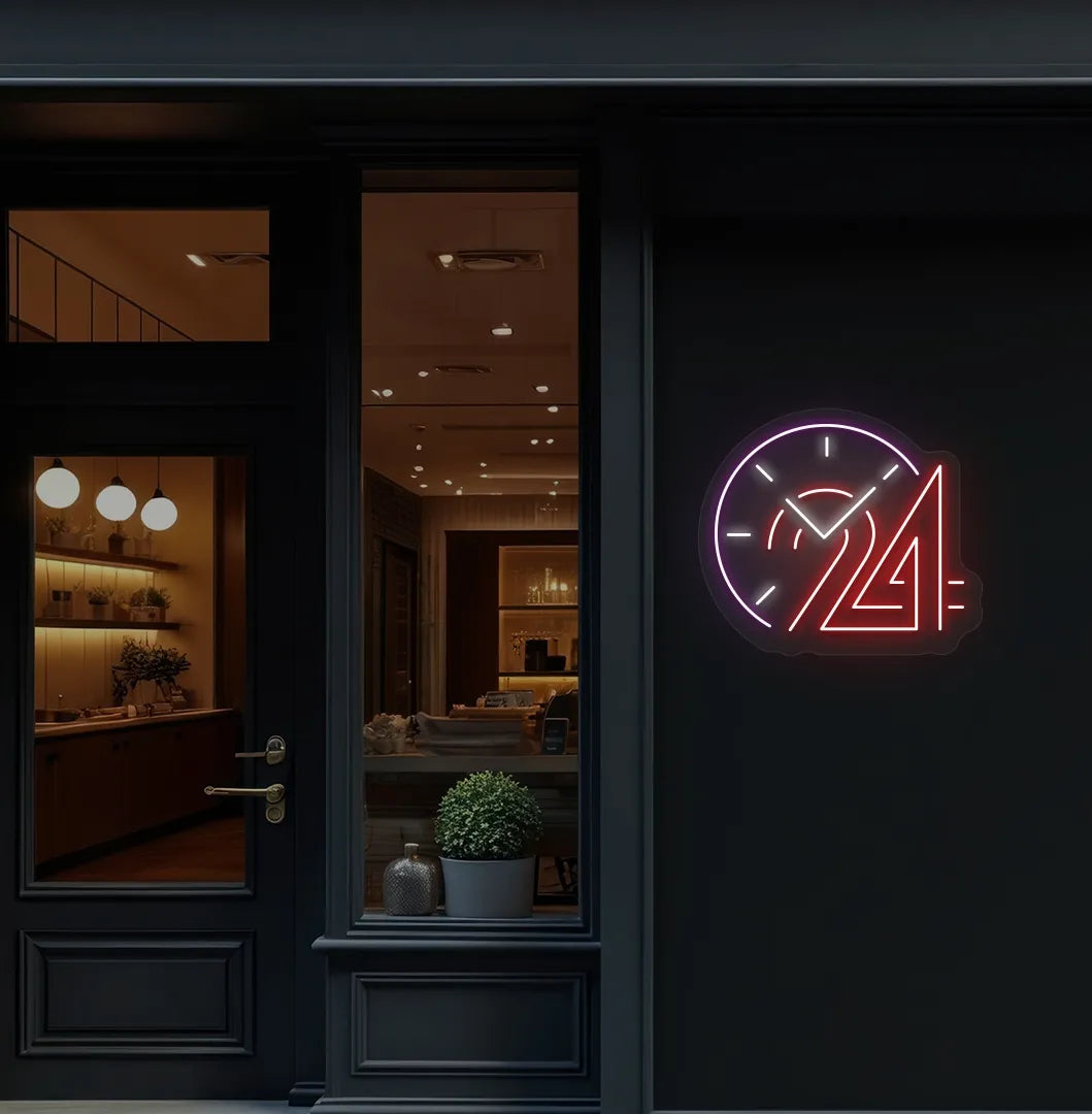 Image of a "clock with 24 hour" neon sign in red color mounted on storefront wall decor.