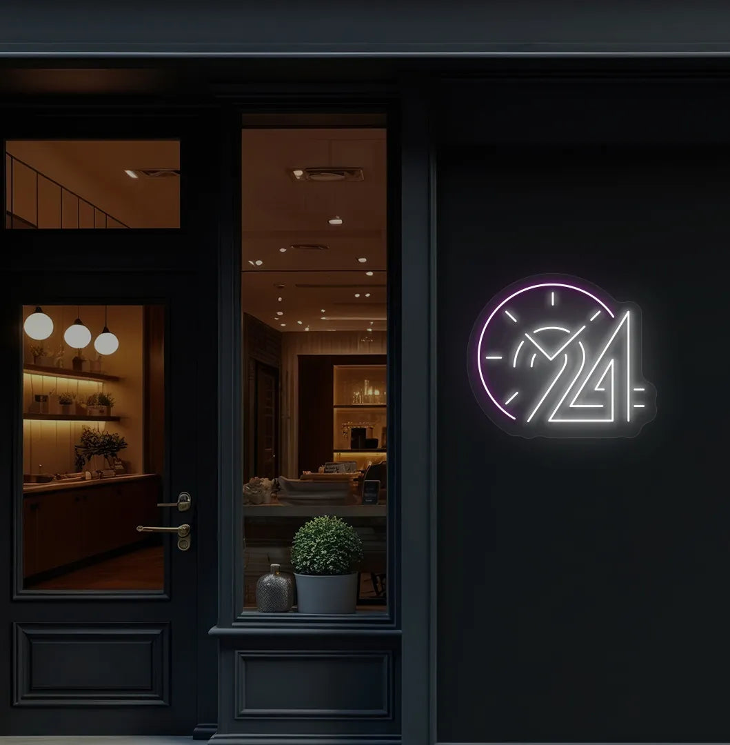 Image of a "clock with 24 hour" neon sign in white color mounted on storefront wall decor.