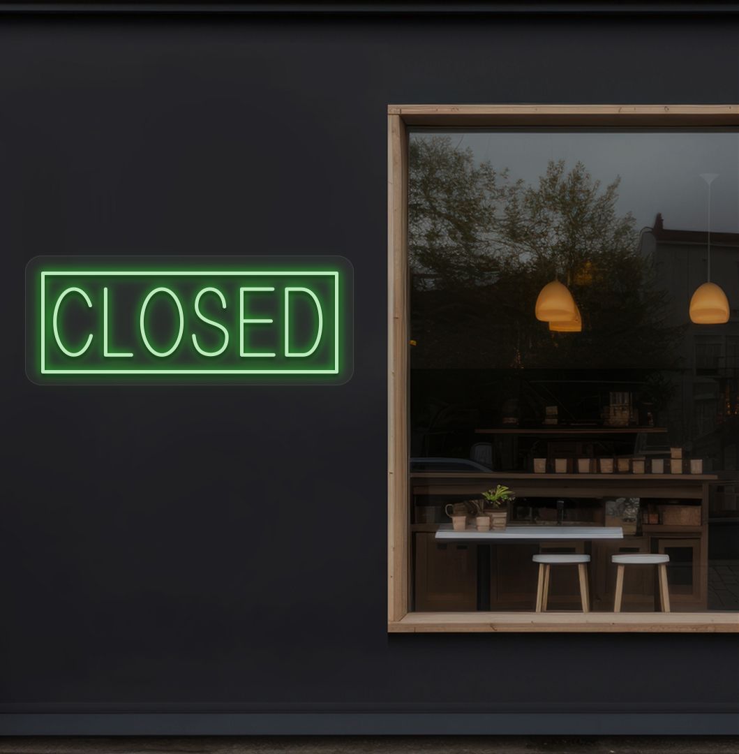 Retail shop outdoor wall with closed neon sign in green. Perfect for storefronts and commercial spaces.