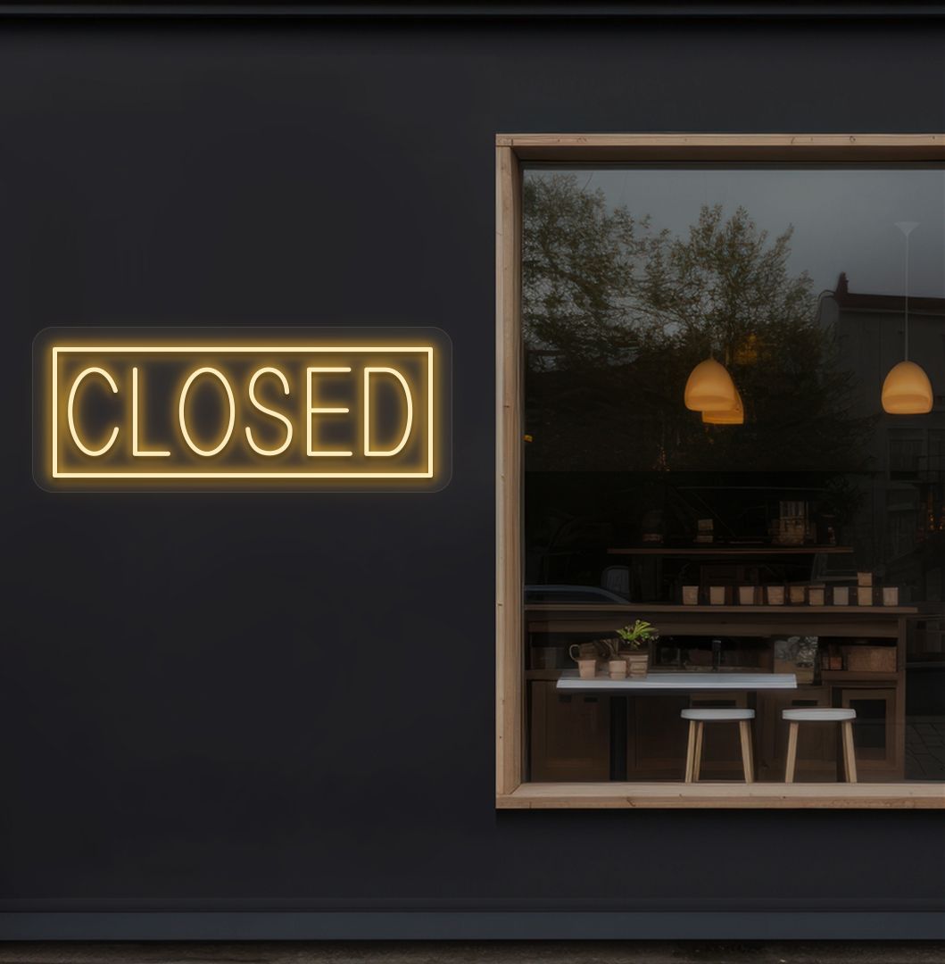 Retail shop outdoor wall with closed neon sign in orange. Perfect for storefronts and commercial spaces.