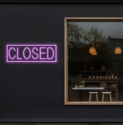 Retail shop outdoor wall with closed neon sign in purple. Perfect for storefronts and commercial spaces.