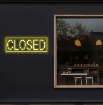Retail shop outdoor wall with closed neon sign in yellow. Perfect for storefronts and commercial spaces.
