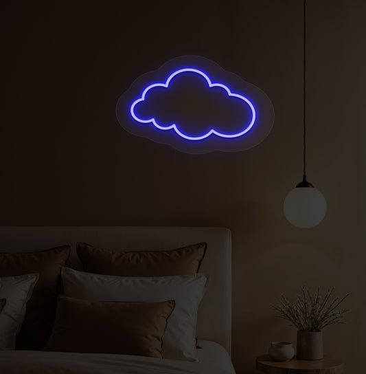 Image of a cloud LED neon light in blue color on a kid's bedroom wall.
