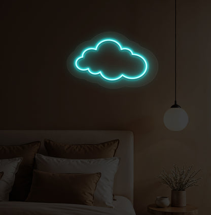 Image of a cloud LED neon light in ice blue color on a kid's bedroom wall.