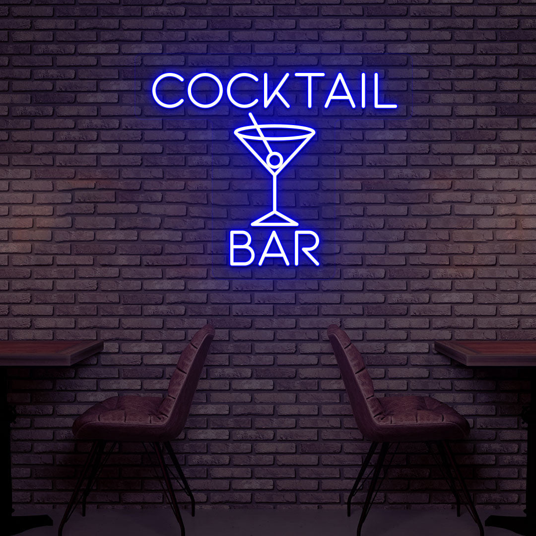 Image of a cocktail bar LED neon sign with a cocktail glass glowing on the bar wall in blue color.