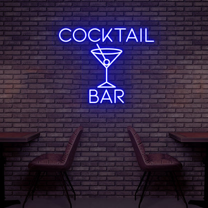 Image of a cocktail bar LED neon sign with a cocktail glass glowing on the bar wall in blue color.