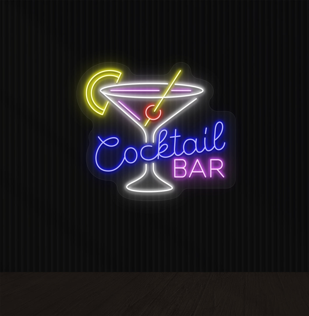 Stylish cocktail neon sign with martini glass, straw, and strawberry in blue color.