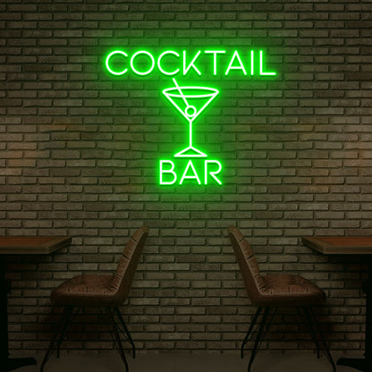 Stylish cocktail green LED neon sign on bar wall with cocktail glass. Perfect for bars, cocktail lounges, home bar setups, party and event décor.