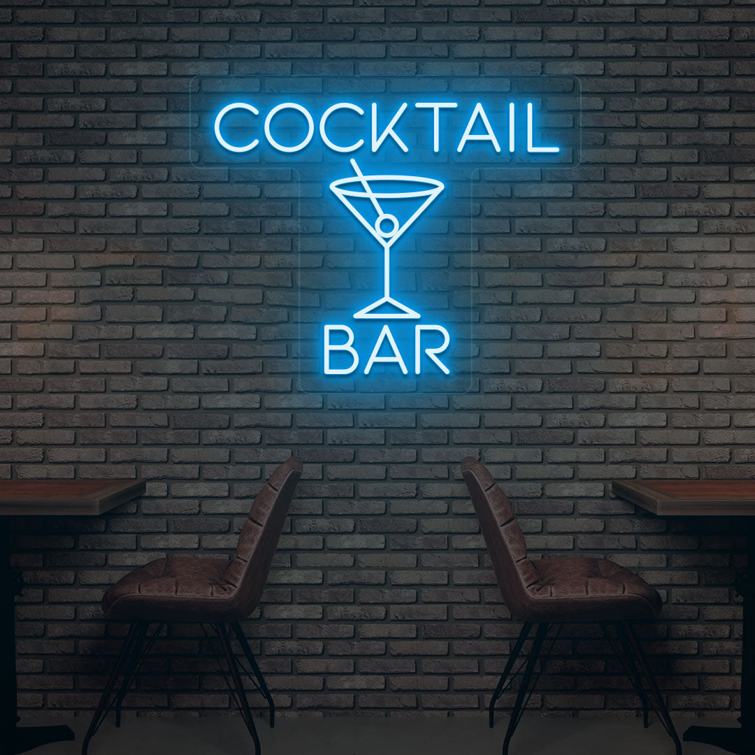 Bar wall with ice blue LED cocktail neon sign and cocktail glass design.