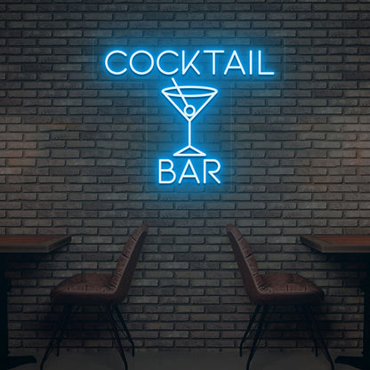 Bar wall with ice blue LED cocktail neon sign and cocktail glass design.