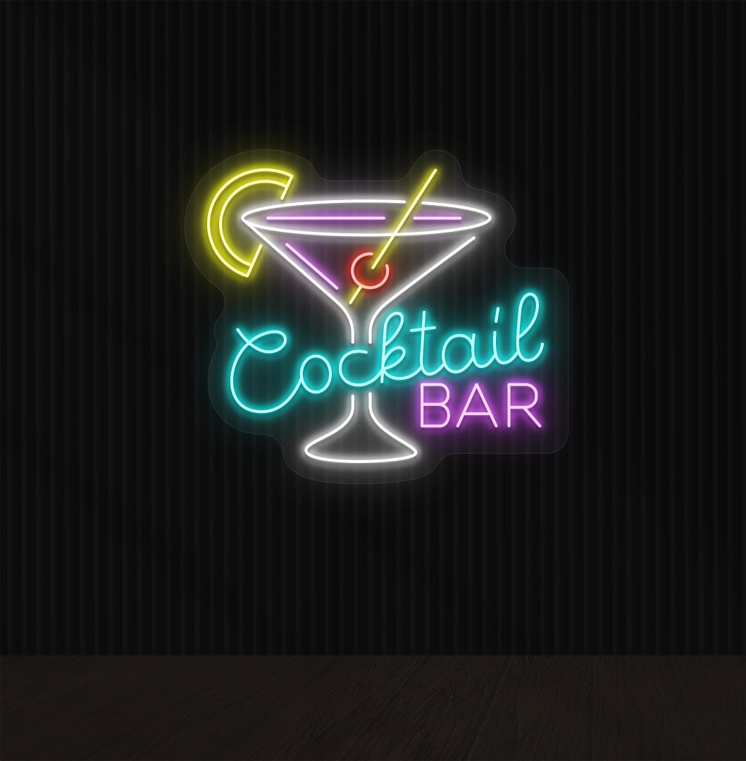Image of an ice blue cocktail bar neon sign mounted on a wall with a martini glass, straw, and strawberry.