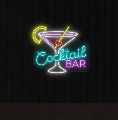 Image of an ice blue cocktail bar neon sign mounted on a wall with a martini glass, straw, and strawberry.