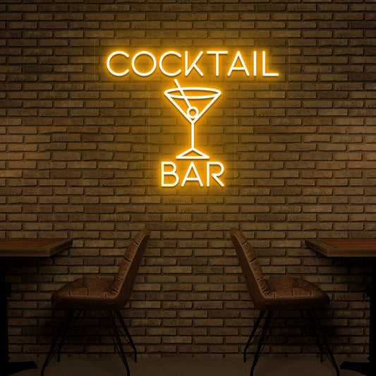 Image of a cocktail bar LED neon sign with a cocktail glass glowing on the bar wall in orange color.