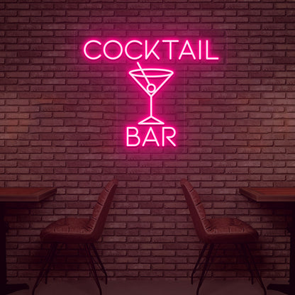 Stylish cocktail pink LED neon sign on bar wall with cocktail glass. Perfect for bars, cocktail lounges, home bar setups, party and event décor.