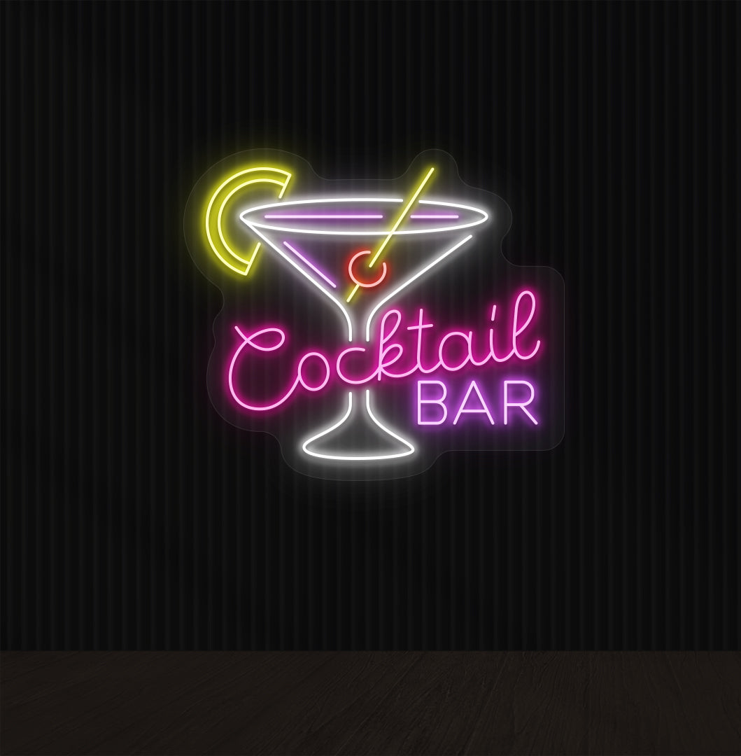 Stylish cocktail neon sign with martini glass, straw, and strawberry in pink color.