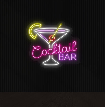 Stylish cocktail neon sign with martini glass, straw, and strawberry in pink color.