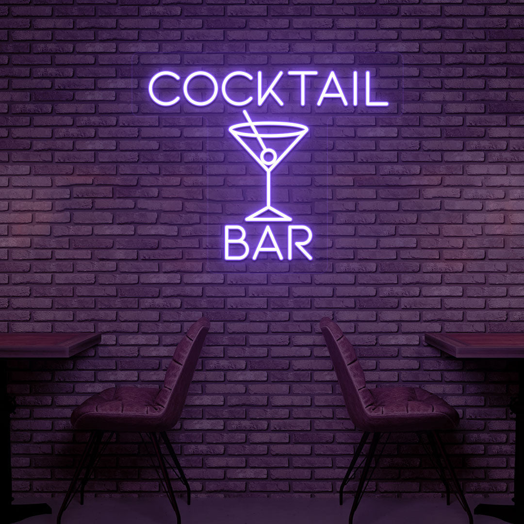 Bar wall with purple LED cocktail neon sign and cocktail glass design.