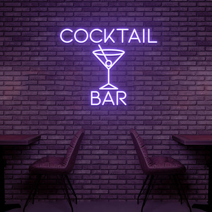 Bar wall with purple LED cocktail neon sign and cocktail glass design.