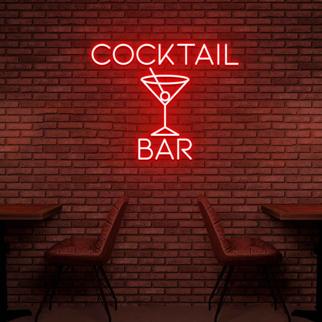 Stylish cocktail red LED neon sign on bar wall with cocktail glass. Perfect for bars, cocktail lounges, home bar setups, party and event décor.
