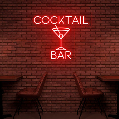 Stylish cocktail red LED neon sign on bar wall with cocktail glass. Perfect for bars, cocktail lounges, home bar setups, party and event décor.