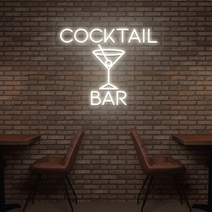Image of a cocktail bar LED neon sign with a cocktail glass glowing on the bar wall in warm white color.