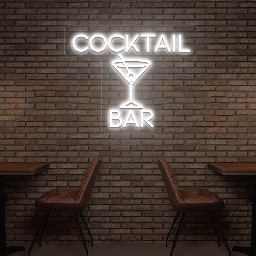 Image of a cocktail bar LED neon sign with a cocktail glass glowing on the bar wall in white color.