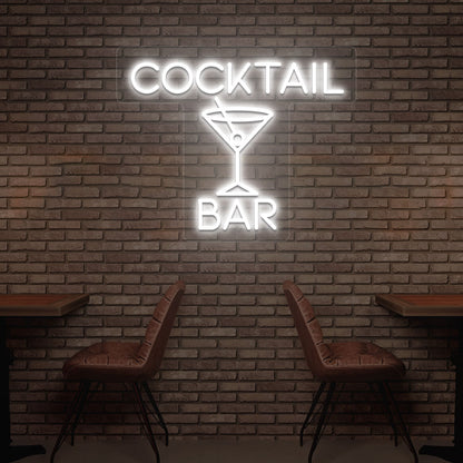 Image of a cocktail bar LED neon sign with a cocktail glass glowing on the bar wall in white color.
