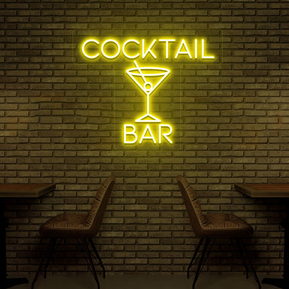 Bar wall with yellow LED cocktail neon sign and cocktail glass design.