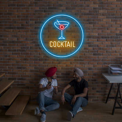 Lounge wall with circular cocktail neon sign in orange color.