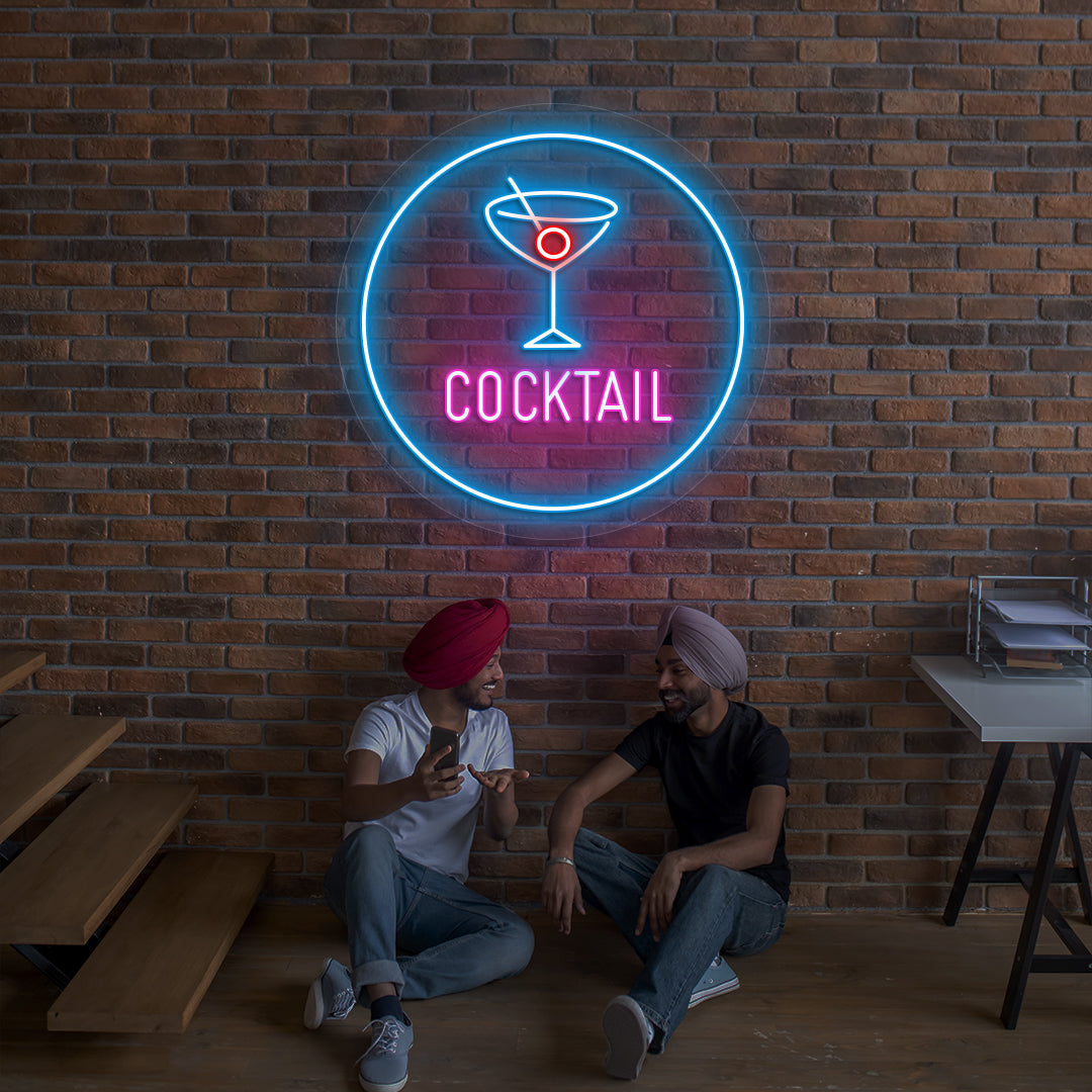 Image of a cocktail circle bar neon sign with cocktail glass glowing on wall in pink color