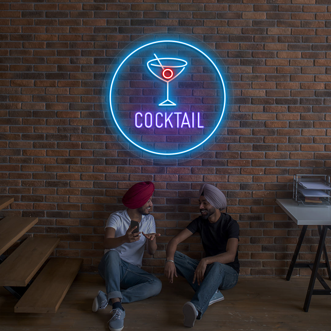 Lounge wall with circular cocktail neon sign in purple color.