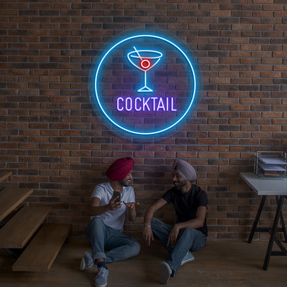 Lounge wall with circular cocktail neon sign in purple color.