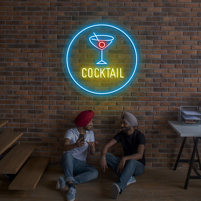 Image of a cocktail circle bar neon sign with cocktail glass glowing on wall in yellow color