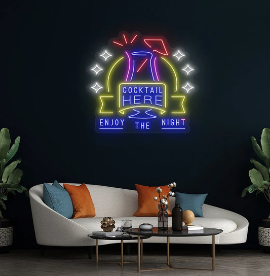 Modern wall decor with cocktail here enjoy the party neon sign glowing blue.