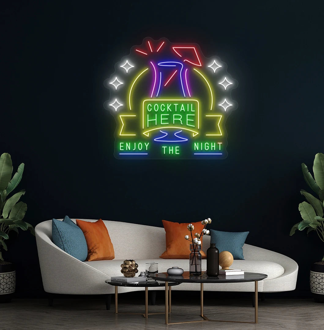 Cocktail here enjoy the party neon sign mounted on aesthetic wall in green.