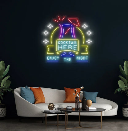 Modern wall decor with cocktail here enjoy the party neon sign glowing ice blue.