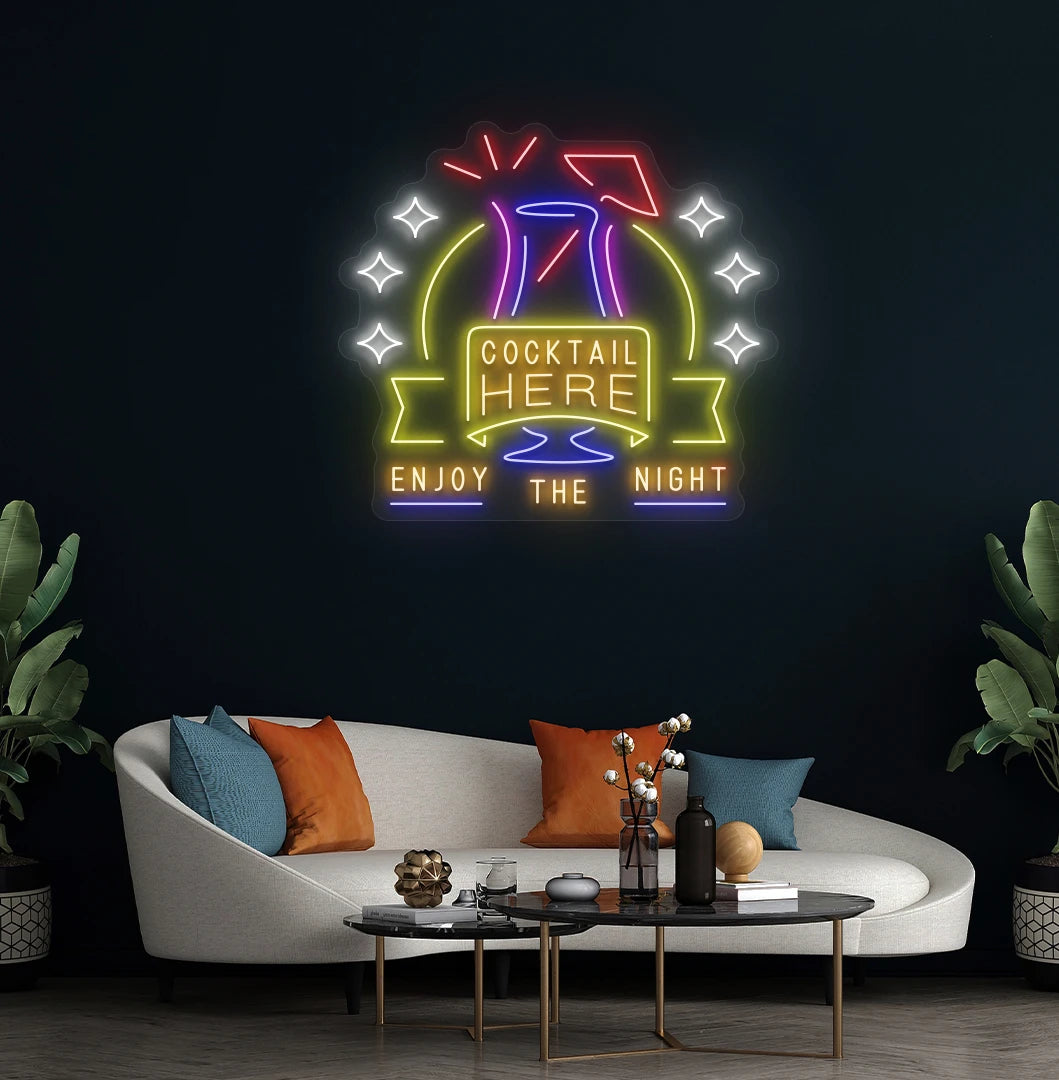 Cocktail here enjoy the party neon sign mounted on aesthetic wall in orange-.