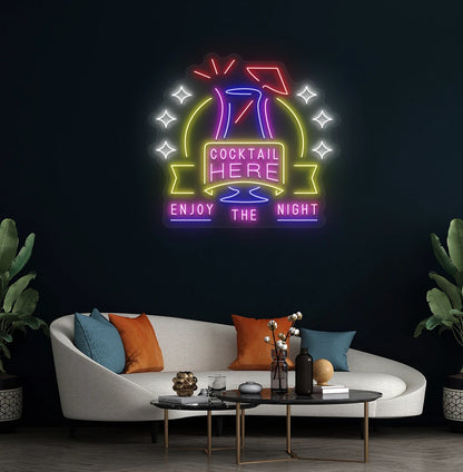 Modern wall decor with cocktail here enjoy the party neon sign glowing pink.
