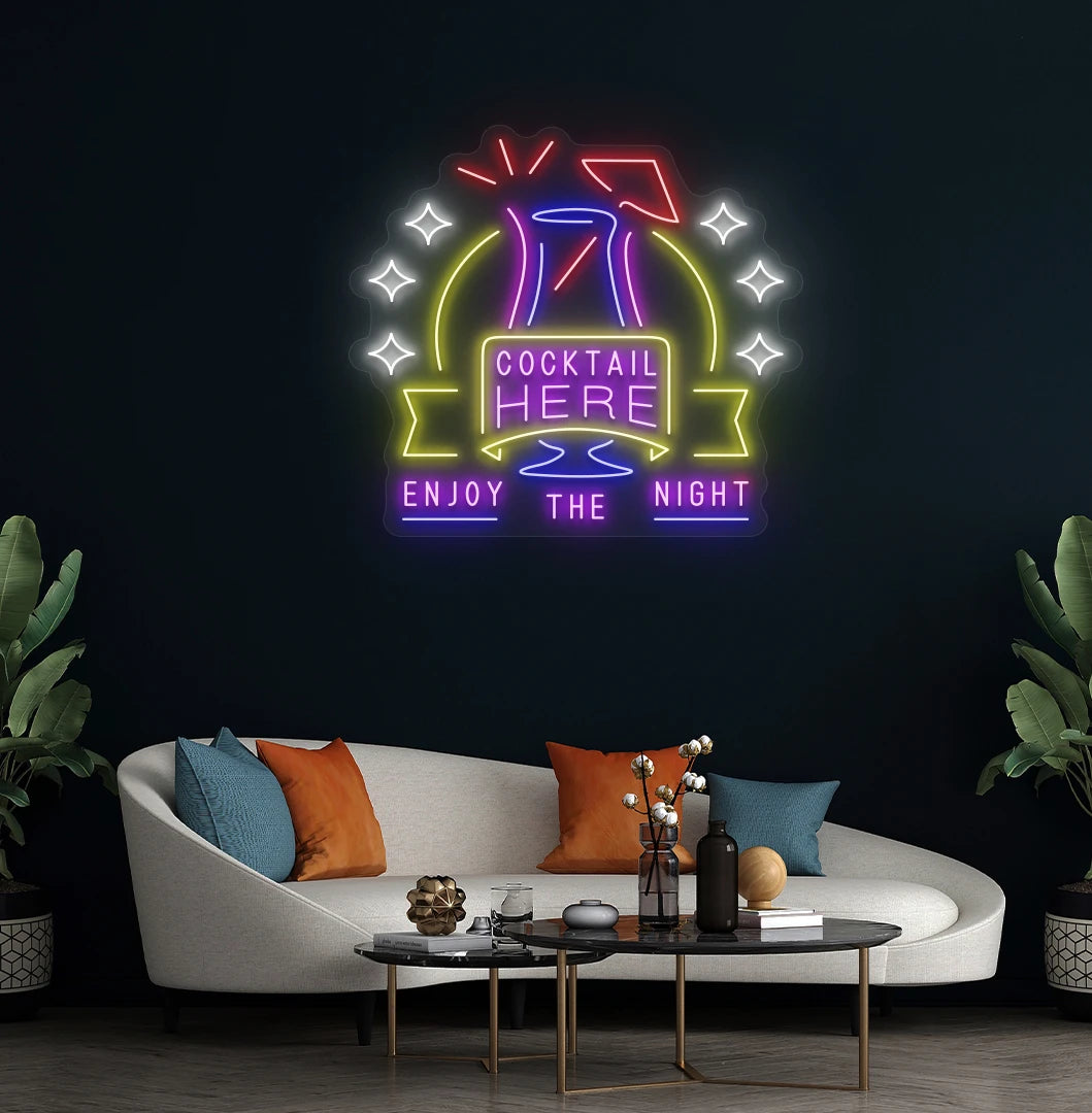 Cocktail here enjoy the party neon sign mounted on aesthetic wall in purple.