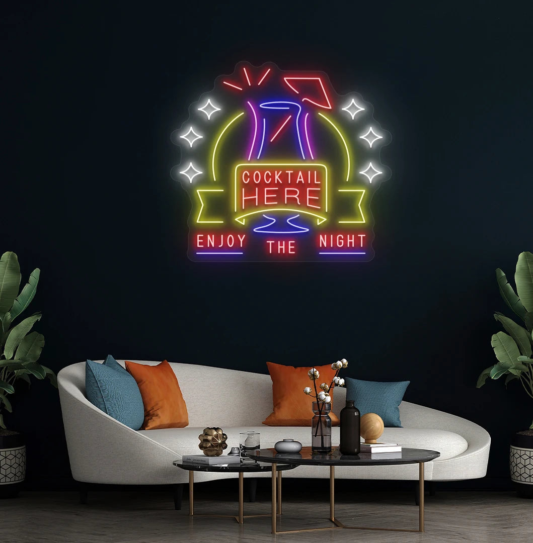 Modern wall decor with cocktail here enjoy the party neon sign glowing red.