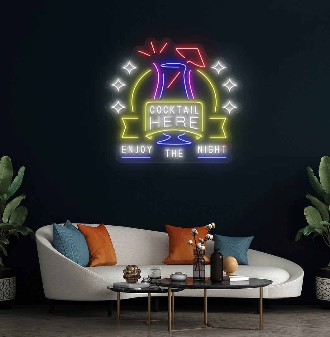 Modern wall decor with cocktail here enjoy the party neon sign glowing white.