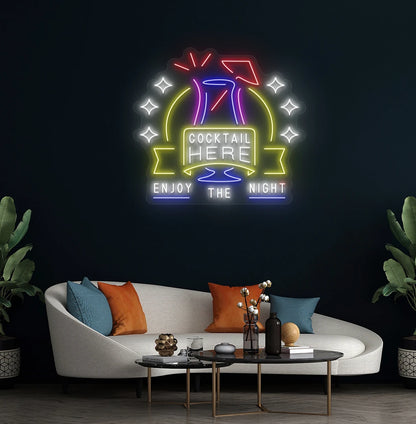 Modern wall decor with cocktail here enjoy the party neon sign glowing white.